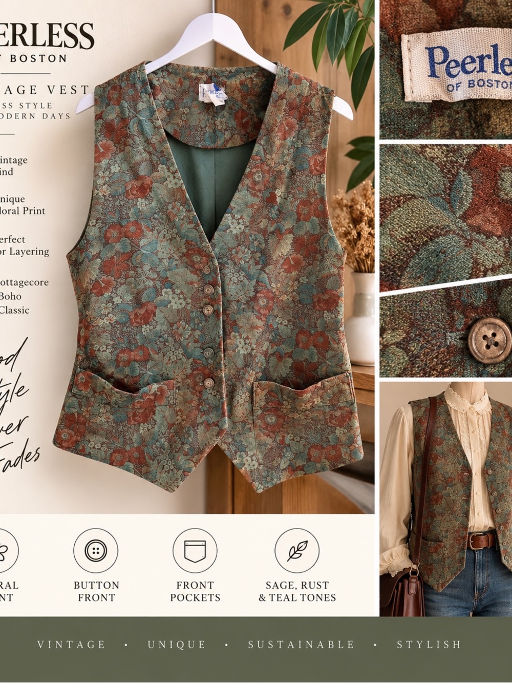 Vintage Peerless of Boston Floral Tapestry Vest Sage Rust Boho Cottagecore